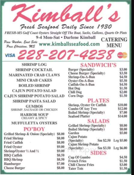 Kimball's Seafood - Pass Christian, MS menu_pic