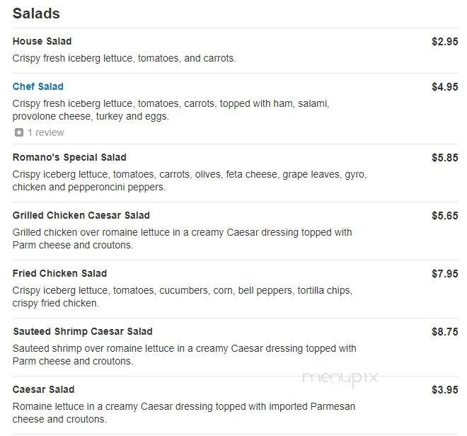 Romano's Italian Cuisine - Rockwell, NC menu_pic