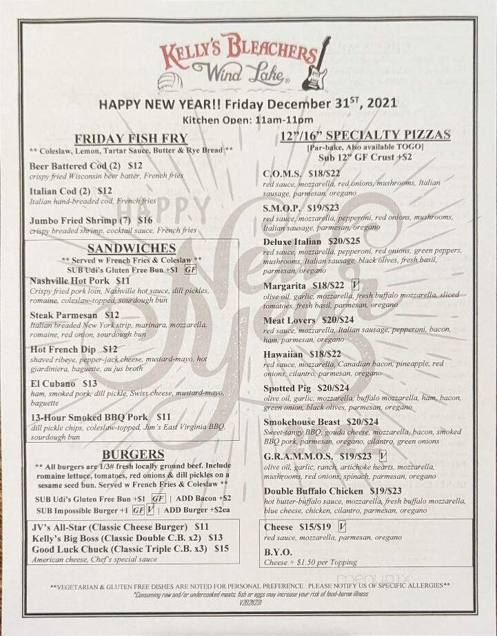 Kelly's Bleachers II - Wind Lake, WI menu_pic