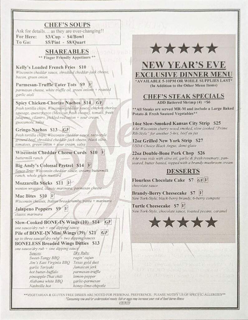Kelly's Bleachers II - Wind Lake, WI menu_pic