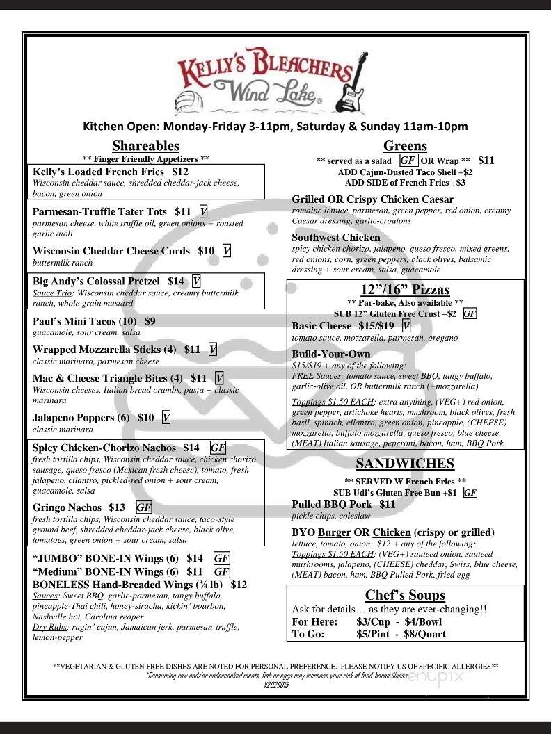 Kelly's Bleachers II - Wind Lake, WI menu_pic