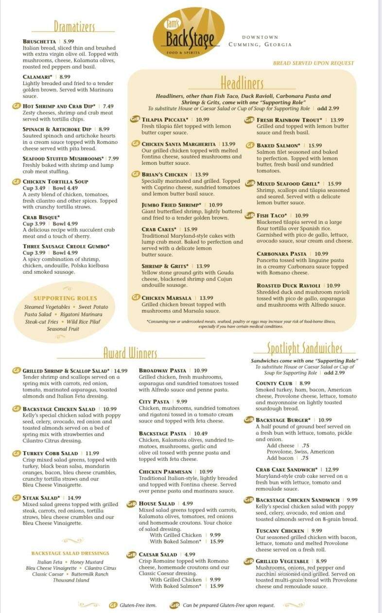 Tam's Backstage - Cumming, GA menu_pic