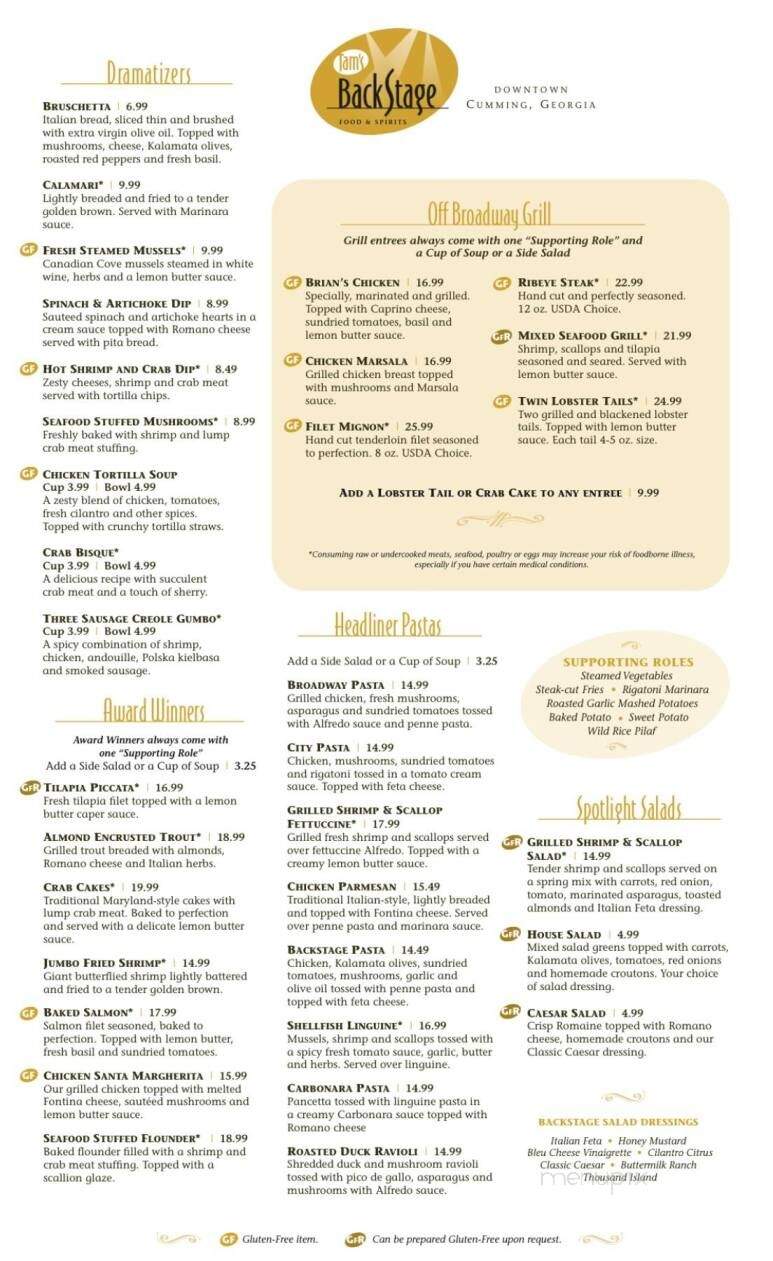 Tam's Backstage - Cumming, GA menu_pic