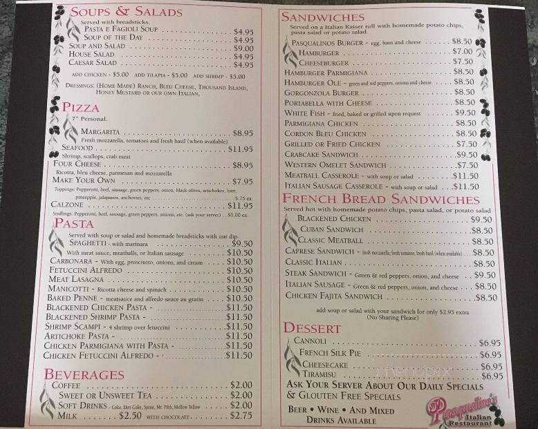 Pasqualino's Italian Restaurant - Bryson City, NC menu_pic
