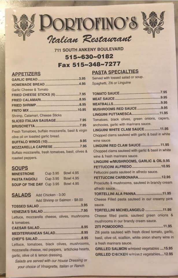 Portofino's Italian Restaurant and Pizza - Ankeny, IA menu_pic