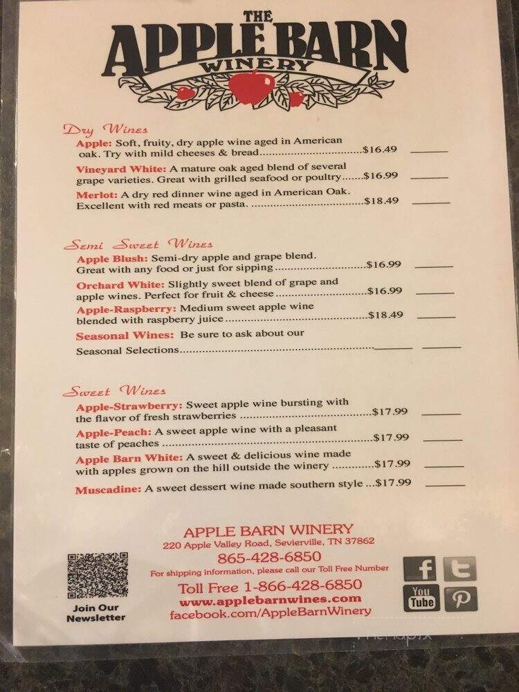Apple Barn Winery - Sevierville, TN menu_pic