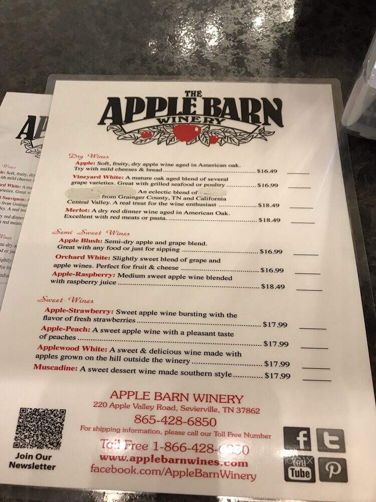 Apple Barn Winery - Sevierville, TN menu_pic