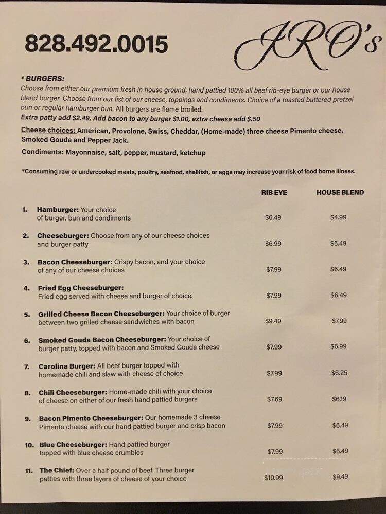 JRO's Burgers & Subs - Canton, NC menu_pic