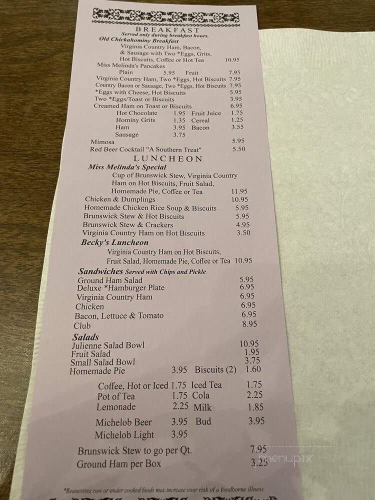 Old Chickahominy House - Williamsburg, VA menu_pic