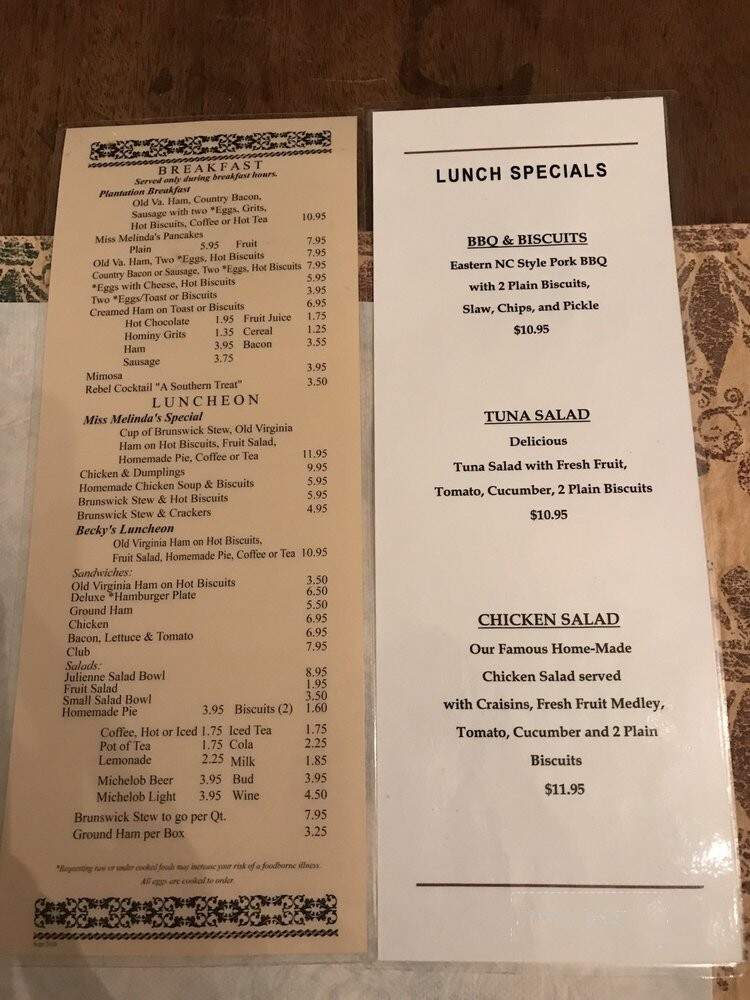Old Chickahominy House - Williamsburg, VA menu_pic