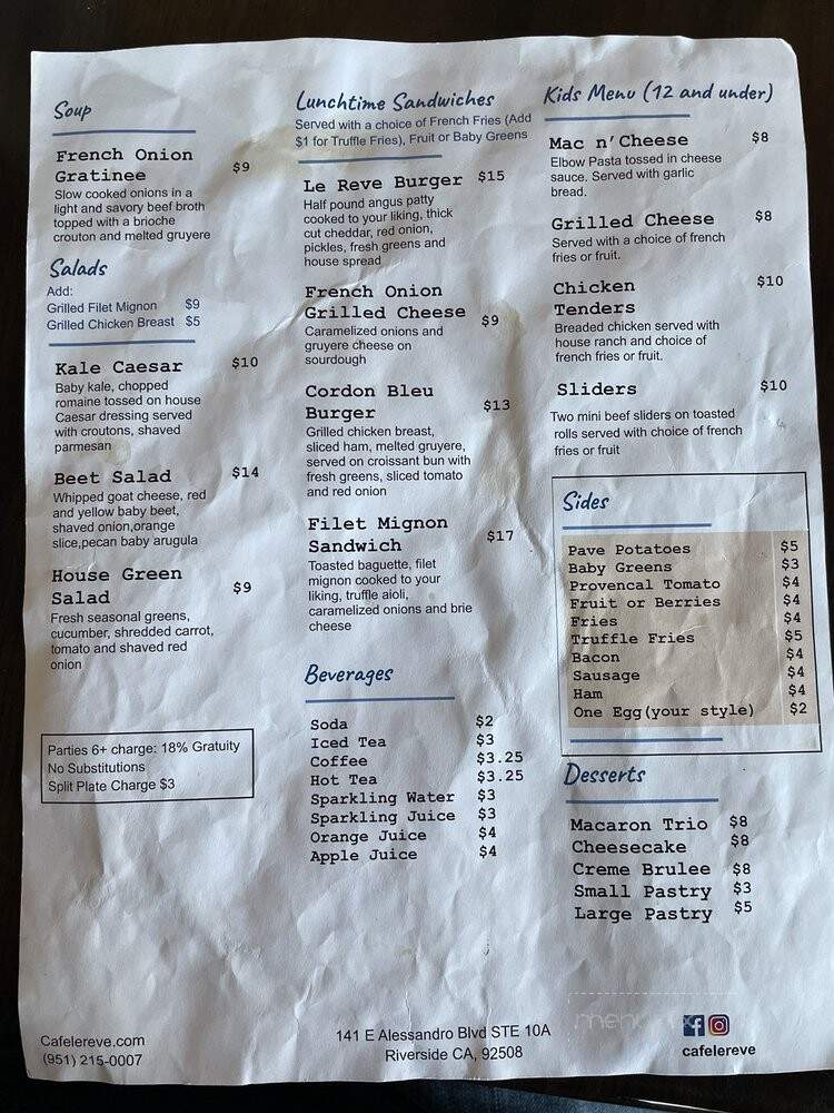 Cafe Le Reve - Riverside, CA menu_pic
