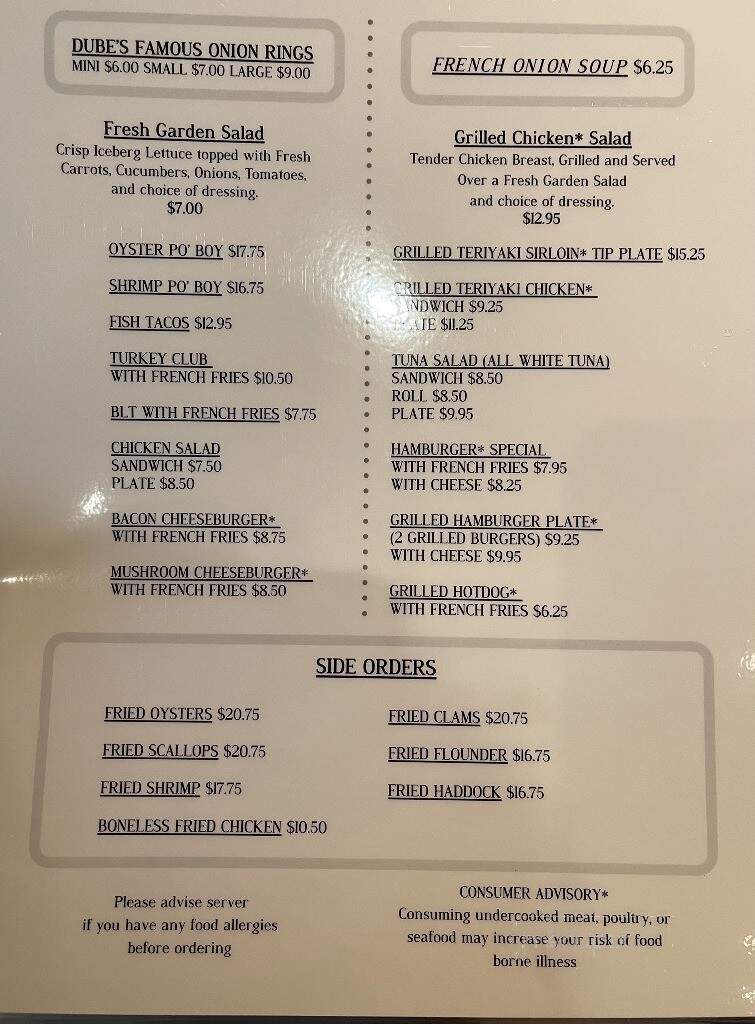 Dube's Seafood - Salem, MA menu_pic