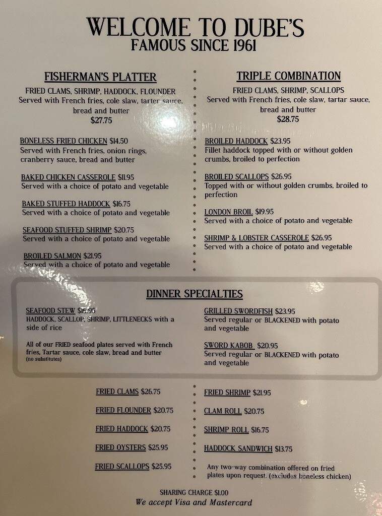 Dube's Seafood - Salem, MA menu_pic