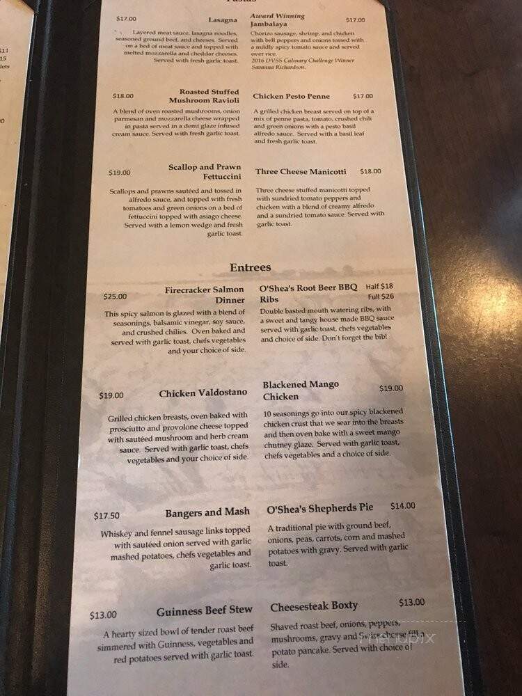 O'shea's Eatery & Ale House - Drumheller, AB menu_pic