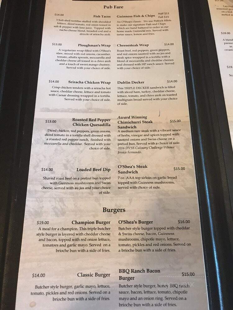 O'shea's Eatery & Ale House - Drumheller, AB menu_pic