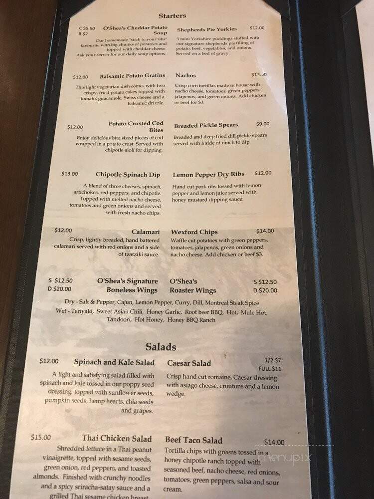O'shea's Eatery & Ale House - Drumheller, AB menu_pic