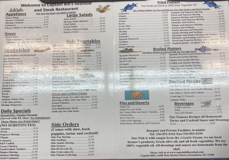 Captain Bill's Seafood & Steak - Greensboro, NC menu_pic