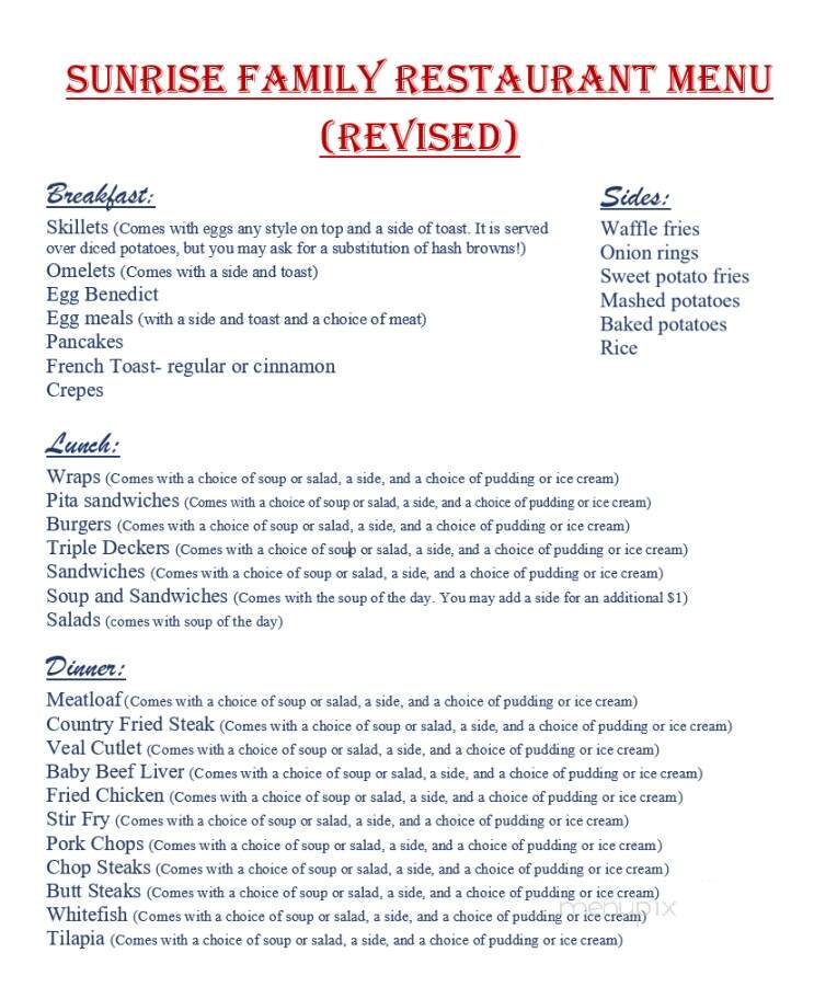 Sunrise Family Restaurant - Chesterton, IN menu_pic