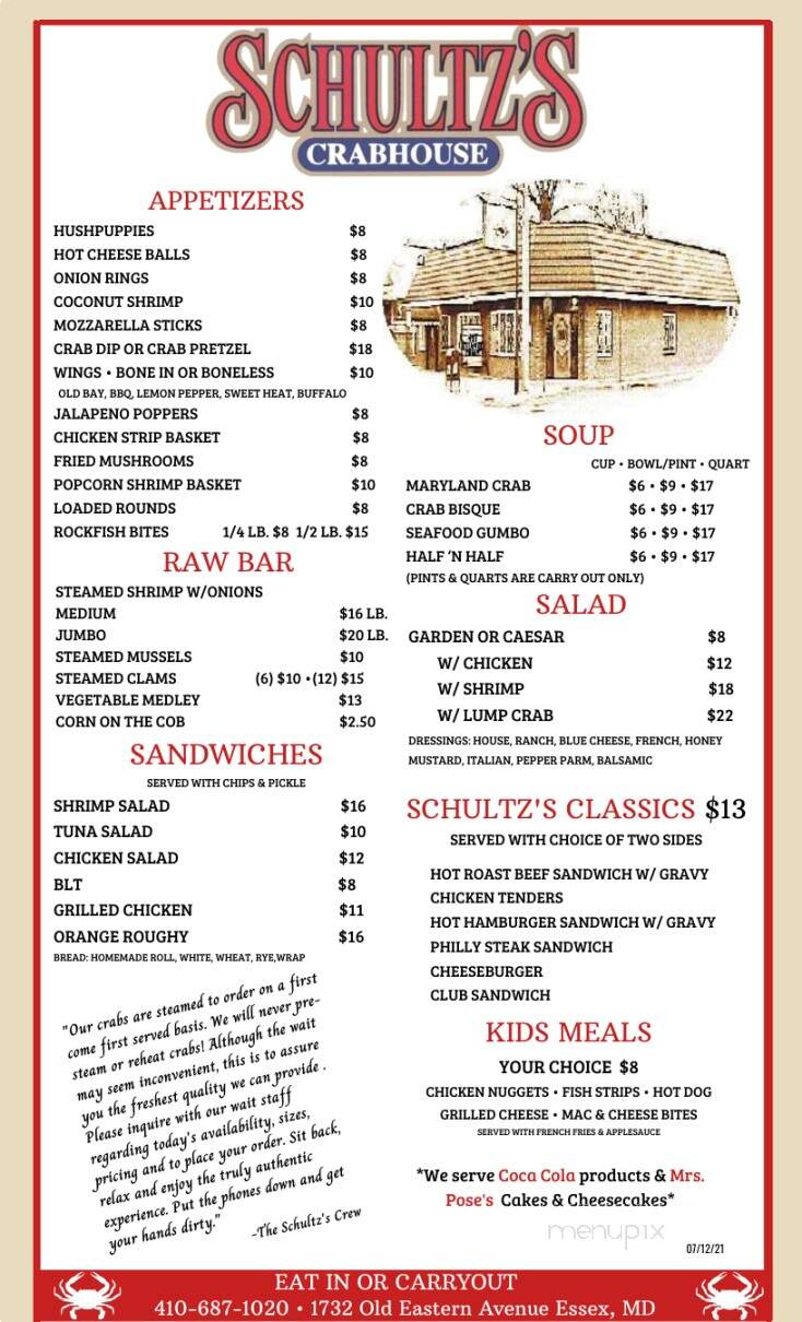 Schultz's Crab House - Essex, MD menu_pic