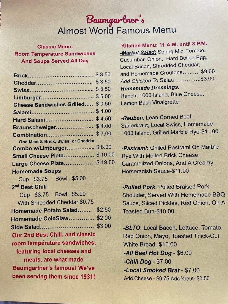 Baumgartner Cheese Store & Tavern - Monroe, WI menu_pic