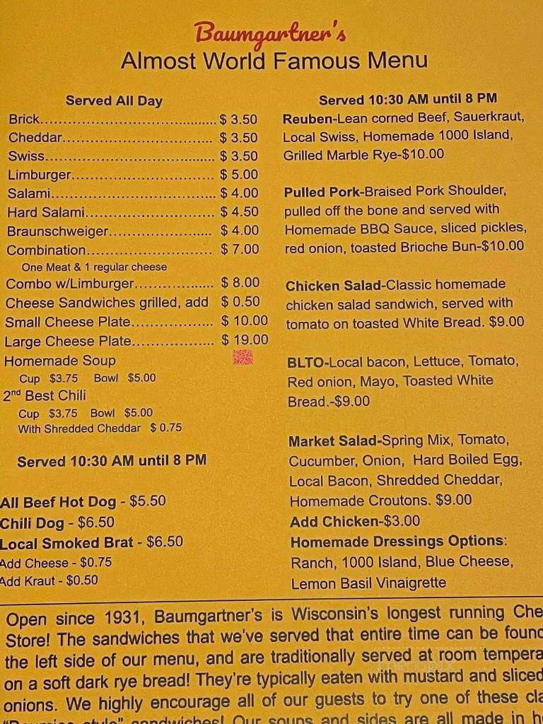 Baumgartner Cheese Store & Tavern - Monroe, WI menu_pic