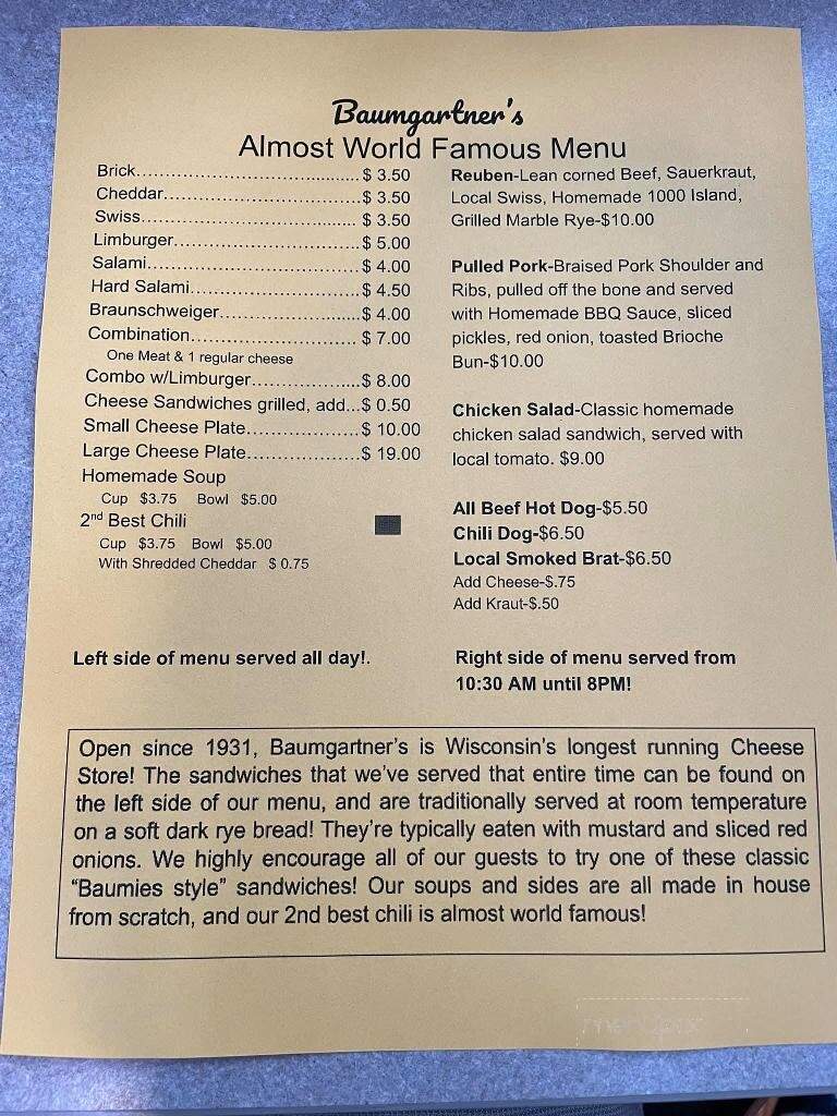 Baumgartner Cheese Store & Tavern - Monroe, WI menu_pic