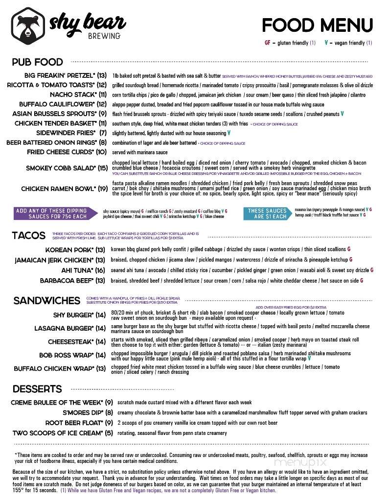 Shy Bear Brewing - Lewistown, PA menu_pic