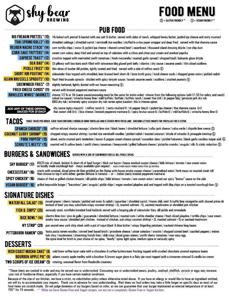 Shy Bear Brewing - Lewistown, PA menu_pic