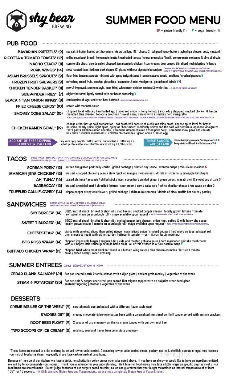 Shy Bear Brewing - Lewistown, PA menu_pic