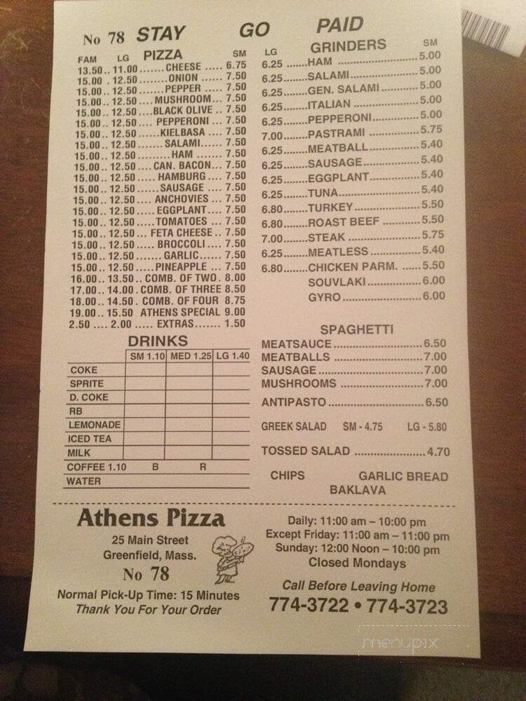 Athens pizza deals menu