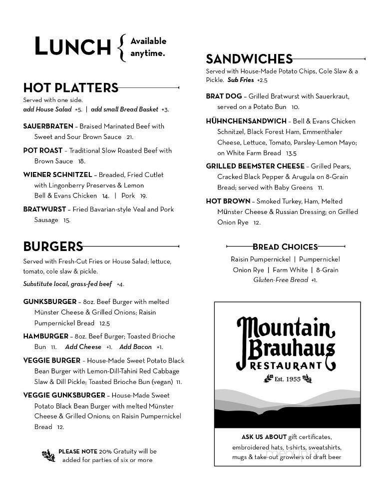 Mountain Brauhaus Restaurant - Gardiner, NY menu_pic