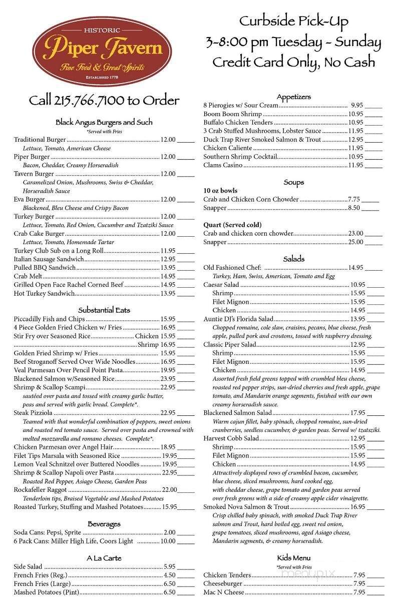 Piper Tavern - Pipersville, PA menu_pic