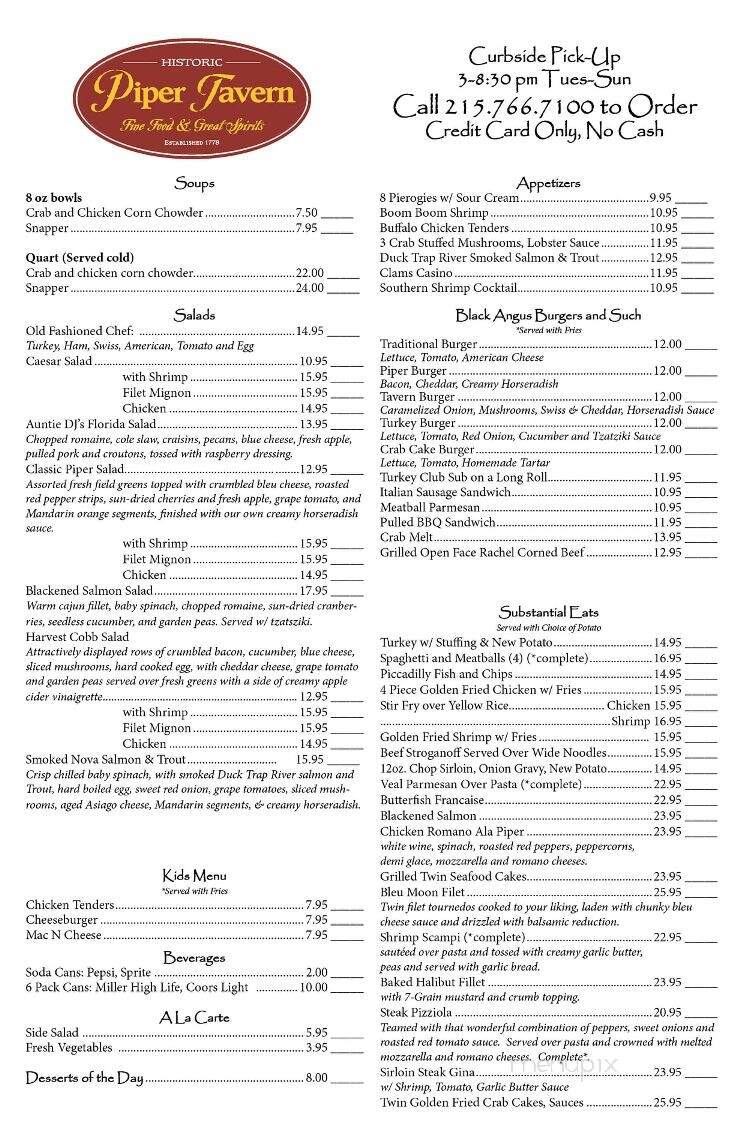 Piper Tavern - Pipersville, PA menu_pic