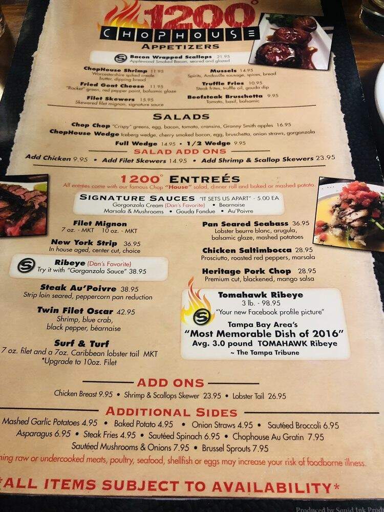 Menu of Seared 1200 Chophouse in St Pete Beach, FL 33706