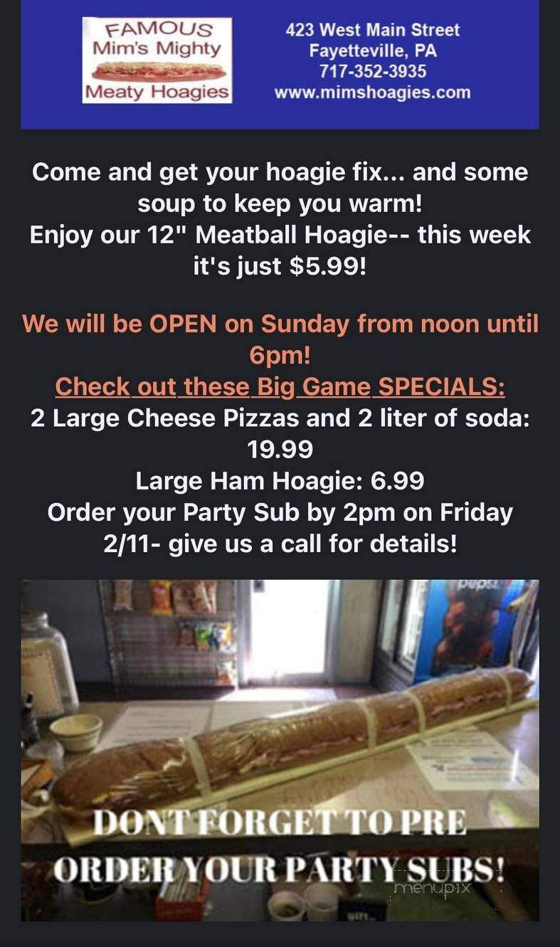 Mim's Mighty Meaty Hoagies - Fayetteville, PA menu_pic