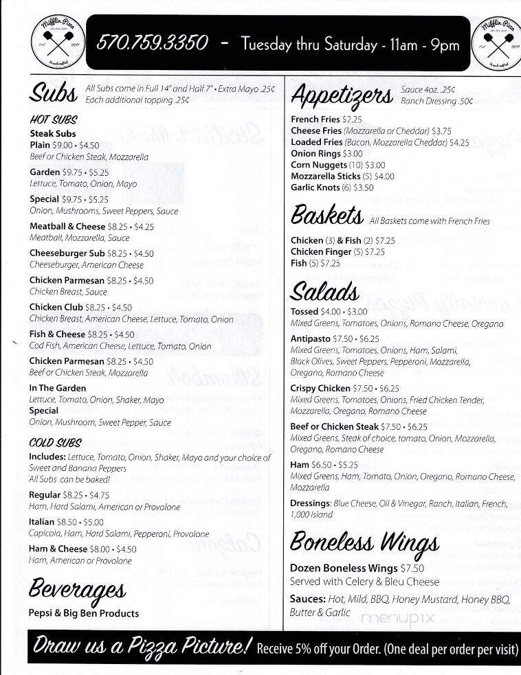 Mifflin Pizza - Mifflinville, PA menu_pic