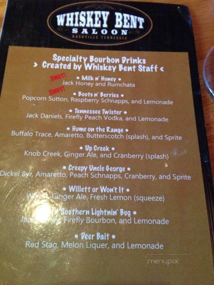 Whiskey Bent Saloon - Nashville, TN menu_pic