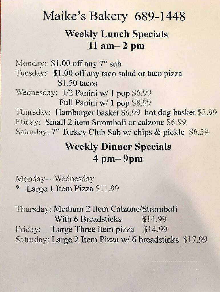 Maike's Bakery & Pizza - White Cloud, MI menu_pic