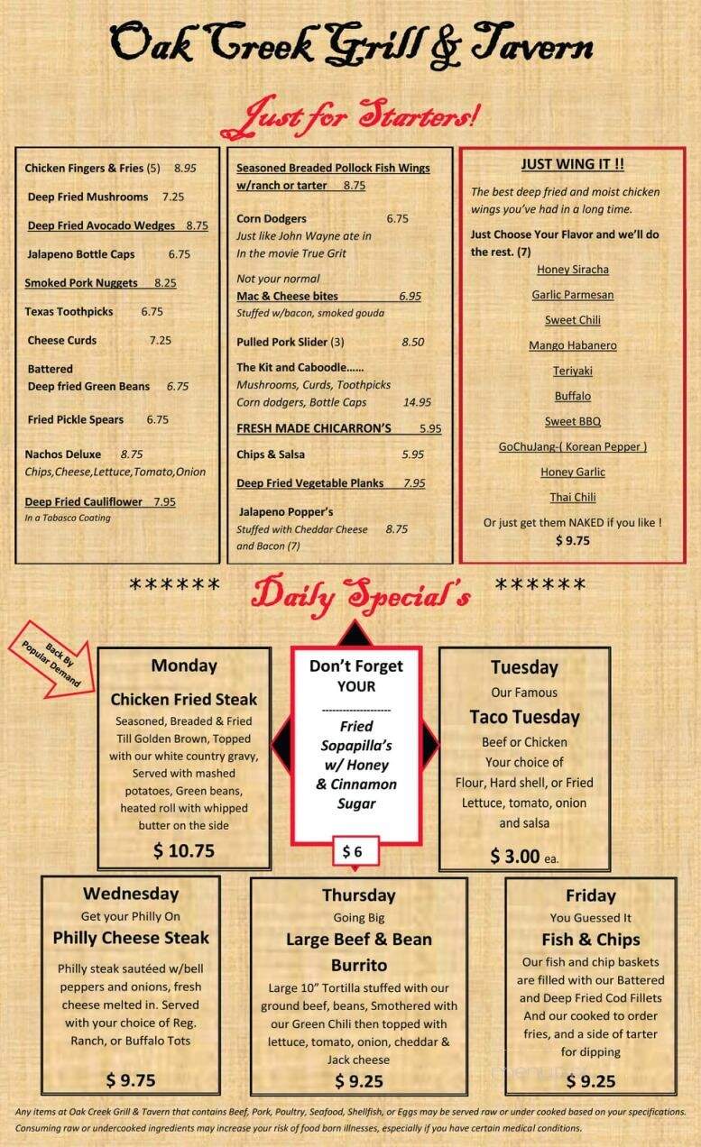 Oak Creek Grill and Tavern - Florence, CO menu_pic