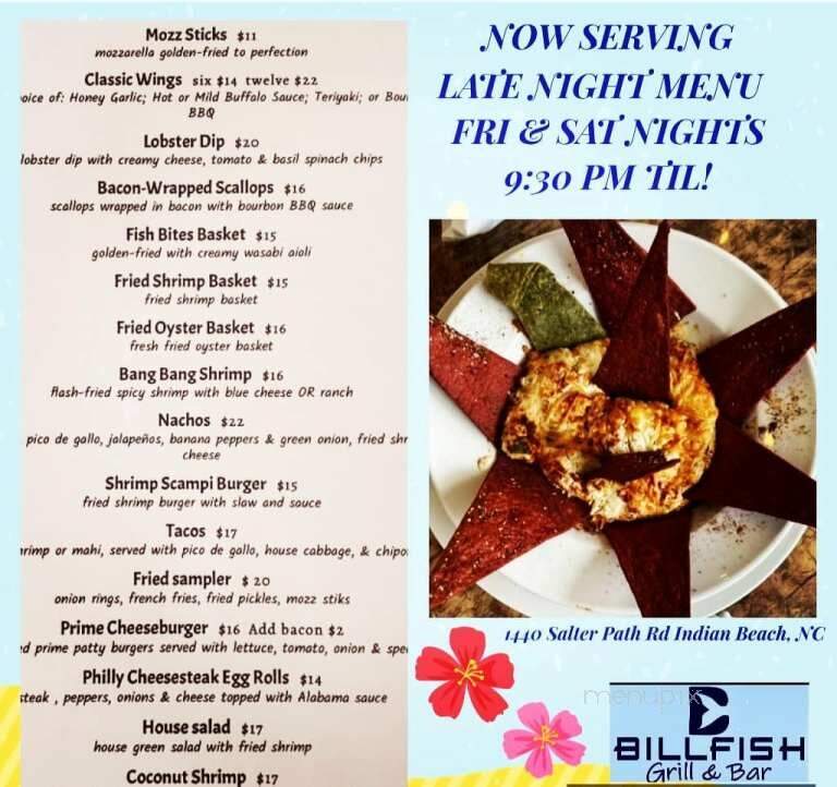 Billfish Grill & Bar - Indian Beach, NC menu_pic