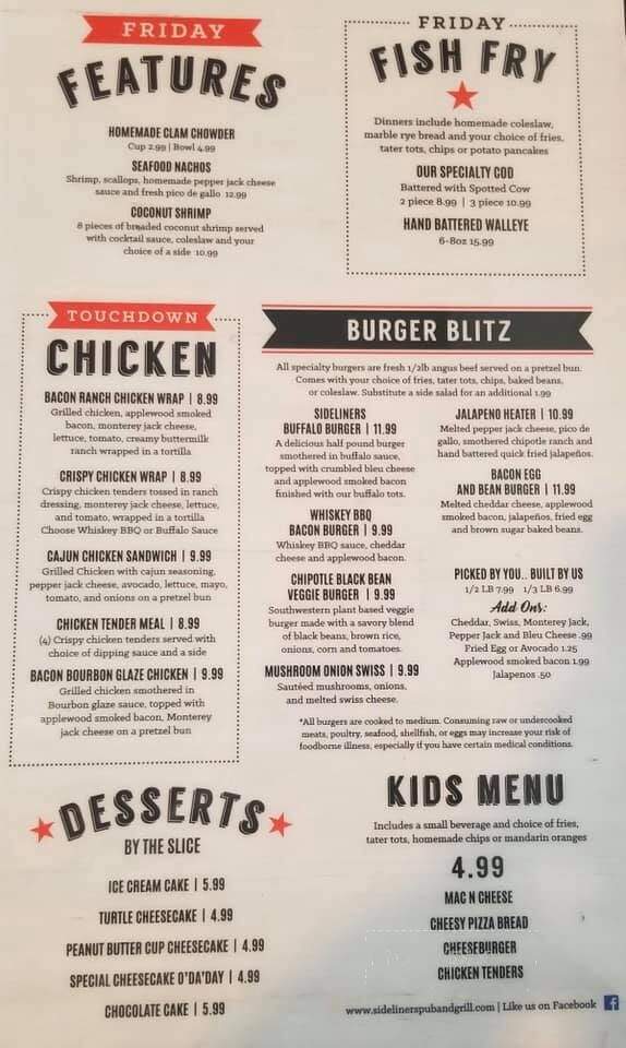 Sideliners Pub and Grill - Mukwonago, WI menu_pic