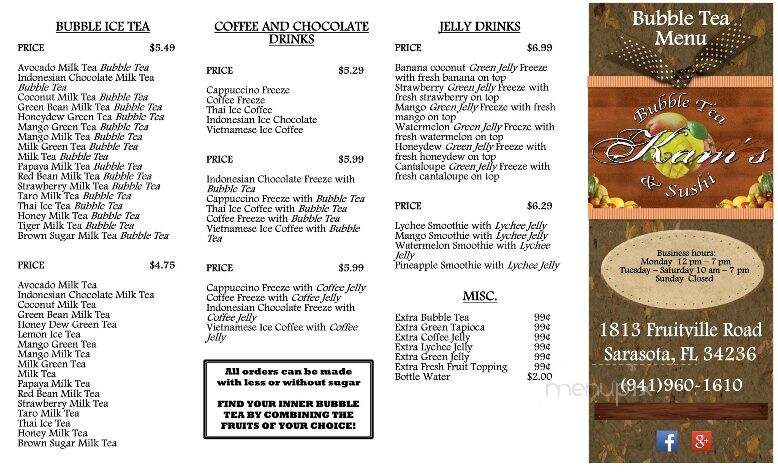 Kam's Bubble Tea and Sushi - Sarasota, FL menu_pic