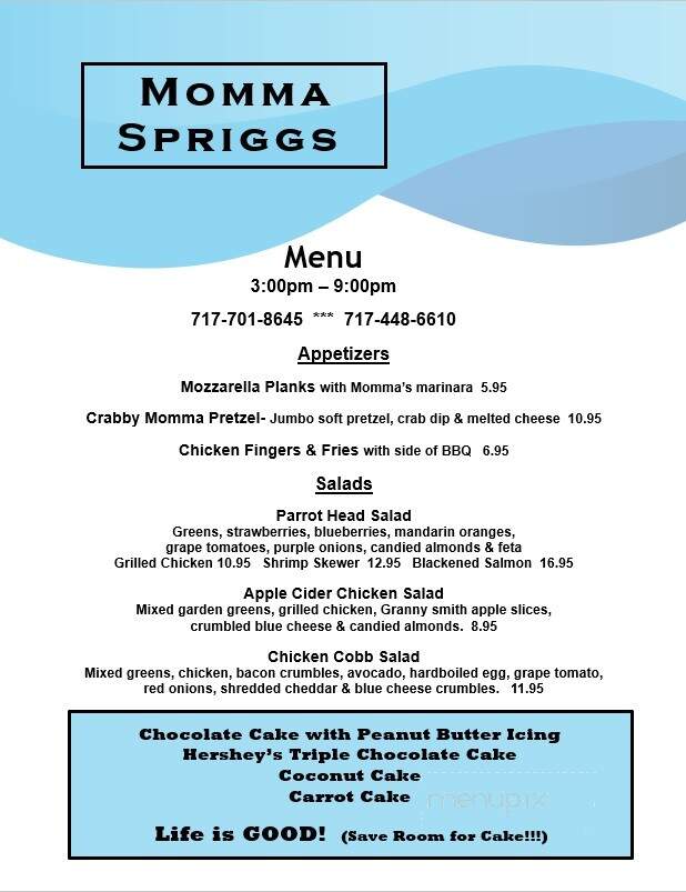 Momma Spriggs - Carlisle, PA menu_pic