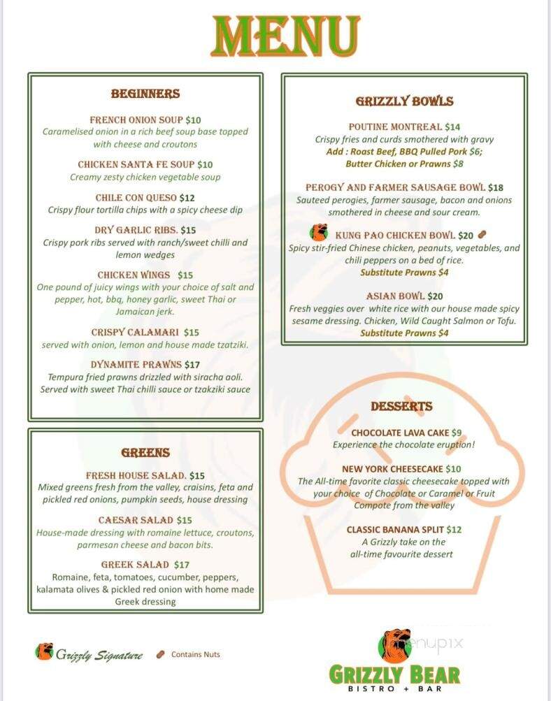 Grizzly Bear Bistro & Bar - Kelowna, BC menu_pic