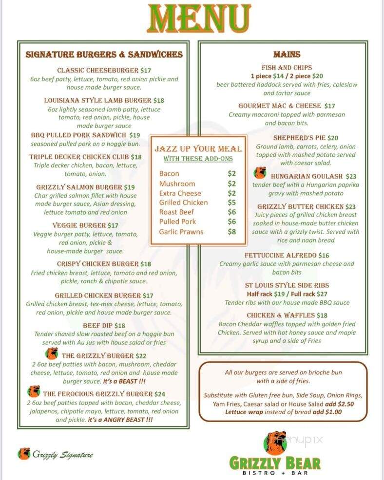 Grizzly Bear Bistro & Bar - Kelowna, BC menu_pic