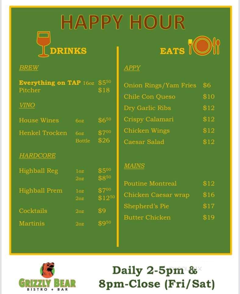 Grizzly Bear Bistro & Bar - Kelowna, BC menu_pic