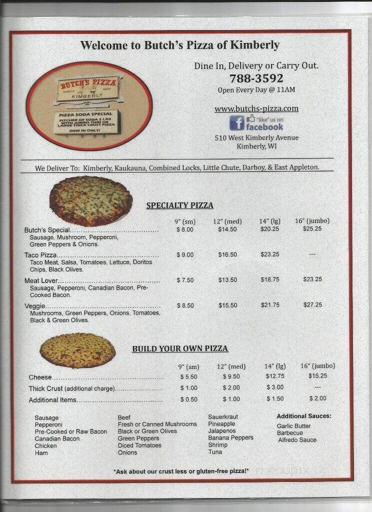 Butch's Pizza - Kimberly, WI menu_pic