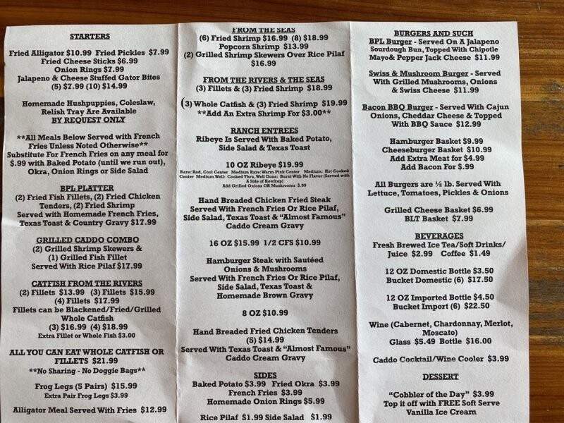 Big Pines Lodge - Karnack, TX menu_pic