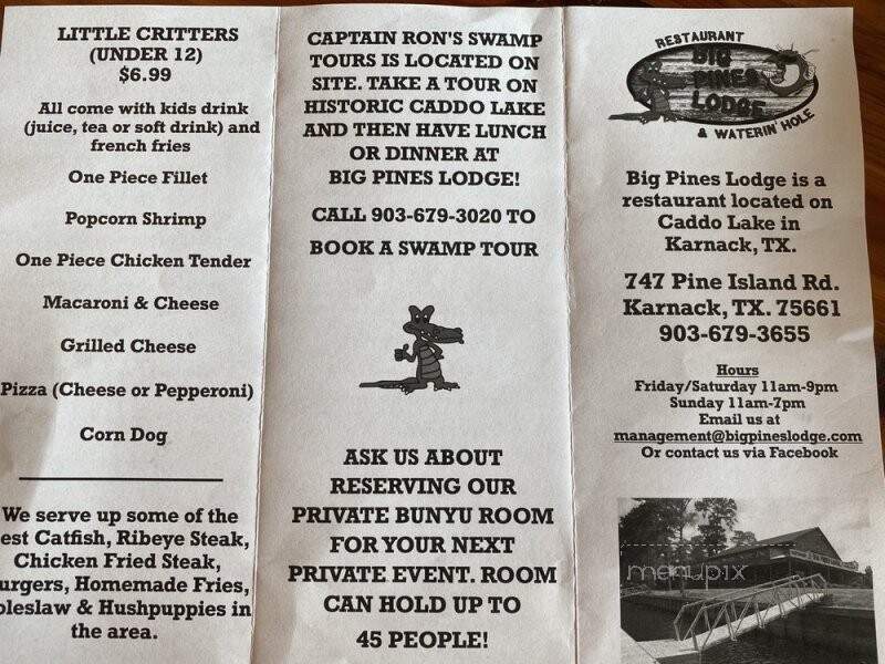 Big Pines Lodge - Karnack, TX menu_pic
