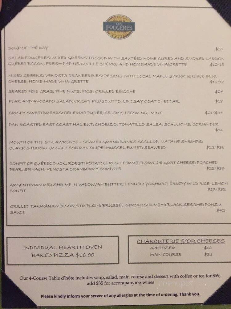 Restaurant Les Fougeres - Chelsea, QC menu_pic